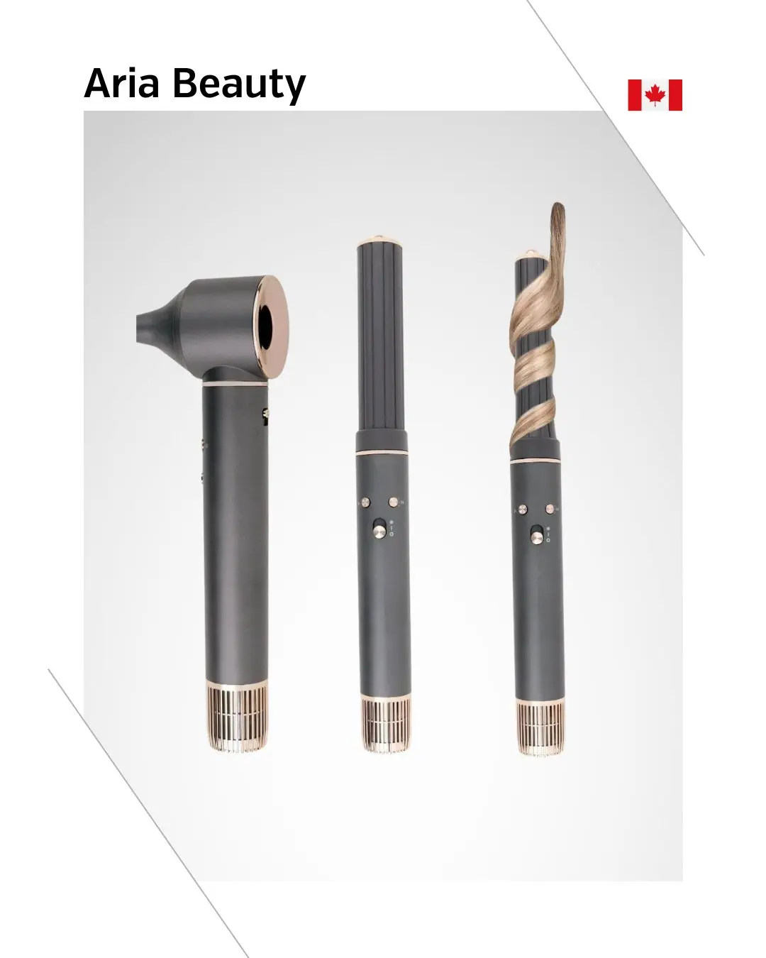Aria Beauty branded hair tool collection featuring three premium styling devices in matte charcoal and rose gold finishes: a hair dryer on the left, a straight barrel curling iron in the centre, and a ridged curling wand with blonde hair wrapped around it on the right, displayed against a light grey geometric background with a Canadian flag icon in the upper right corner